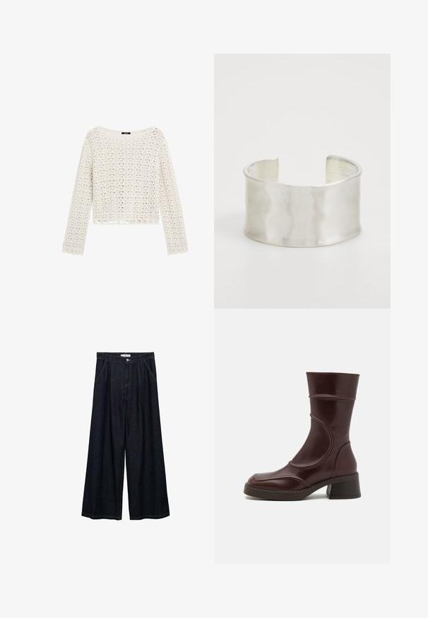 Virkat tröja i krämfärg med lös passform, långa ärmar och en tandad nederkant. Har öppet vävda mönster för luftig textur.; Mörk denim vid-byxa med hög midja, featuring en frontknäppning, två sidofickor och stickningsdetaljer.; MIISTA MALENE - Stövletter - brown; Zign Armband - silver-coloured