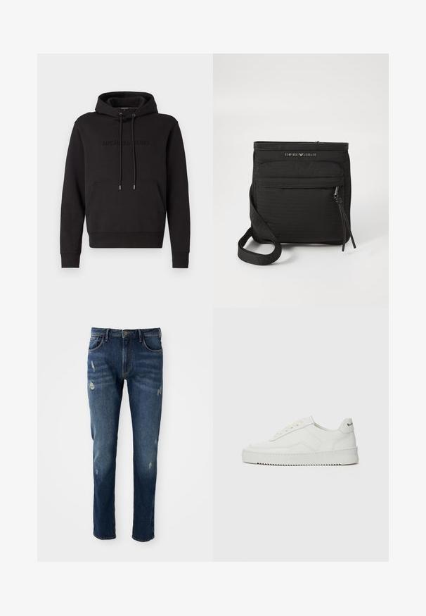 Svart hettegenser med kengurulomme, snor i hetten og forhøyd "MICHAEL KORS" logo foran. Laget av myk stoff.; Mørkeblå denimjeans med slim fit, lett slitasje på lår og knær, klassisk fem-lomme-design og knappelukking.; Hvite lærersneakers med en jevn overflate, rund tå, flate lisser og en teksturert såle. Har en subtil logo på hælen.; Svart Emporio Armani crossover-veske med frontlomme med glidelås, justerbar stropp og logo-detalj på teksturert stoff.