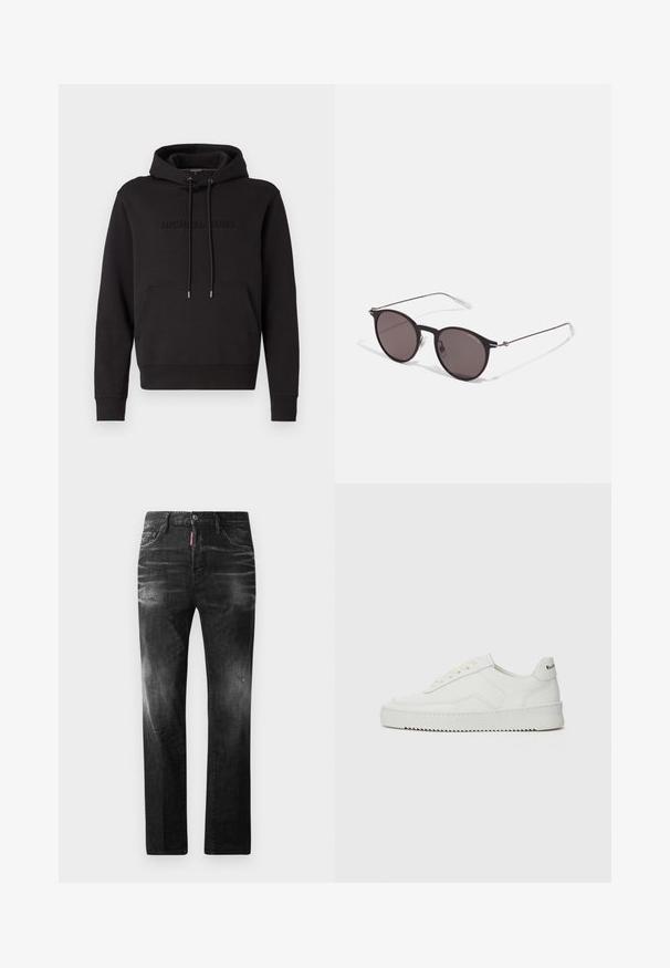 Juodas gobtuvėlis su kengūros kišene, raišteliu ant gobtuvo ir įspaustu "MICHAEL KORS" logotipu priekyje. Pagamintas iš minkštos medžiagos.; Juodi džinsai su tiesiu kirpimu. Spalvoti svyrantys plotai, šiek tiek sugadinti, klasikinis penkių kišenių dizainas ir mygtuko uždarymas.; Balti odiniai sportiniai bateliai su lygia apdaila, apvaliu pirštu, plokščiais raišteliais ir tekstūruotu padu. Pasižymi subtiliu logotipu ant kulno.; Juodos apvalios saulės akinių su tamsiais lęšiais ir plonomis metalinėmis šakomis. Įtraukti skaidrūs šventyklų galai ir sidabriniai akcentai vyrio srityje. Minimalistinis dizainas.
