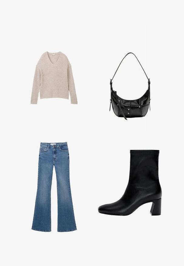 Bež pleteni pulover s V izrezom, s teksturiranim rebrastim uzorkom i dijagonalnim dizajnerskim elementom sprijeda. Dugi rukavi i skraćeni kroj.; Plave traperice s lepršavim nogavicama, s prednjim i stražnjim džepovima, petljama za remen i zatvaranjem na dugme, položene ravno na bijeloj pozadini.; Crne gležnjače od glatke kože. Imaju kvadratni vrh, elastični gornji dio i masivnu petu za stabilnost. Minimalistički dizajn.; Crna kožna torba preko ramena s zakrivljenim oblikom, ukrašena srebrnim zakovicama i detaljima šavova. Podesiva traka za svestranost.