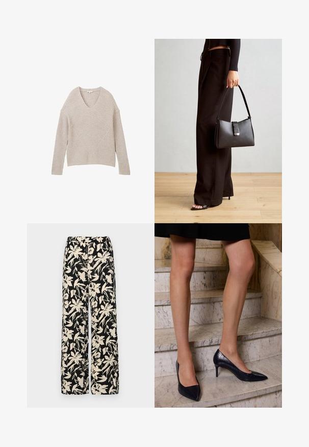 Bež pleteni pulover z V-izrezom, ki ima teksturiran reberni vzorec in diagonalni oblikovni element spredaj. Dolgi rokavi in skrajšan kroj.; Črne široke hlače z kremnim cvetličnim vzorcem. Narejene so iz lahkega blaga, ki ima gladko teksturo in visok pas.; Mornarsko modri čevlji z visokimi petami in koničastim nosom, ki imajo gladko in teksturo, podobno krokodilji koži.; Črna torbica z strukturirano obliko, gladko teksturo in kovinskim zaponko. Ujemajo se z širokimi črnimi hlačami in odprtimi sandali na lesenem tleh.; Srebrne viseče uhane, ki imajo gladko in polirano površino. Oblikovanje vključuje obliko solze z medsebojno povezanimi deli.