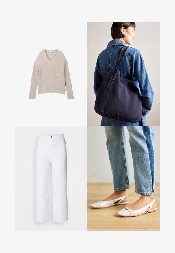 Bežs adīts svārku džemperis ar V veida kakla izgriezumu, kura priekšpusē ir rakstains ribas raksts un diagonāla dizaina elements. Garas piedurknes un īss piegriezums.; Baltas denims ar platām kājām, ar pogu aizdari, jostas cilpām, divām priekšējām kabatām un vienu aizmugurējo kabatu. Izturīgs un struktūras audums.; Bālti rozā siksniņu dzīvokļi ar smailu purngalu, izgatavoti no gludas ādas līdzīgās materiāla. Iezīmē izgriezumu detaļas sānos un platu papēdi.; Jūras spēku kanvas plecu soma ar mīkstu, strukturēta formu, kas piedāvā melnu siksnu, izšūtu detaļu un nelielu zīmola birku.