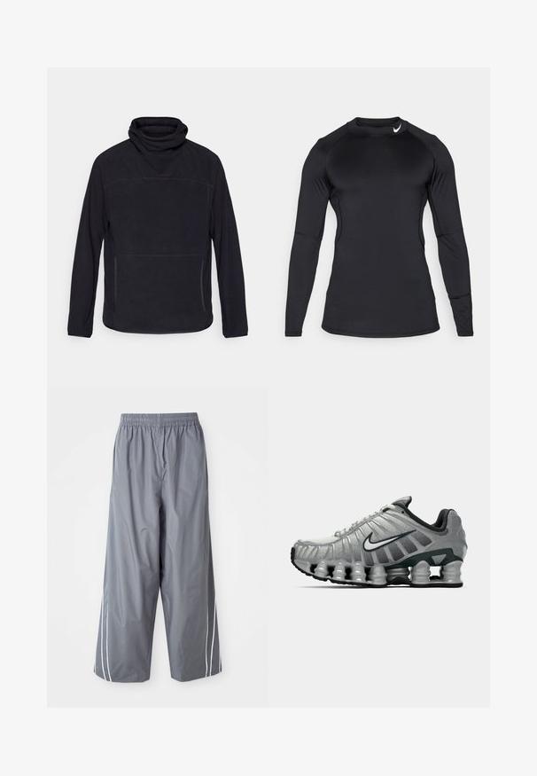 Juodas megztinis su aukšta apykakle, ilgomis rankovėmis ir priekinėmis užtrauktukų kišenėmis. Pagamintas iš minkštos tekstūros audinio, su subtiliais siuvinėjimo akcentais.; Juodas ilgomis rankovėmis sportinis marškinėliai, pagaminti iš lygaus, elastingo audinio, su apykakle ir diskretišku logotipu viršutiniame kairiajame kampe.; Pilkos, lengvos sintetinio audinio kelnės su plačiomis kojomis, elastiniu juosmeniu ir baltais šonais. Sklandus audinys, atsitiktinis dizainas.; Pilkai juodas Nike bėgimo batas su matomu pavasario tipo amortizacija po padu ir baltu swoosh logotipu šone.