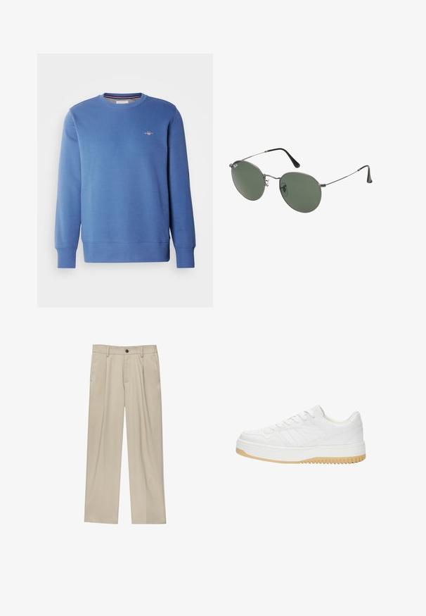 GANT SHIELD C NECK - Mikina - vintage blue; Béžové nohavice s rovný strihom, s jedným čiernym gombíkom, pútkami na opasok a bočnými vreckami. Hladká textúra látky a minimálny dizajn.; Biele kožené tenisky s textúrovaným povrchom, s gumovou podrážkou, šnurovacími detailami a subtilnými pruhmi na stranách.; Sunglass s metalovým rámom s oválnymi zelenými šošovkami. Tenký strieborný kovový rám a čierne štuple za uši. Minimalistický dizajn, bez viditeľných log.