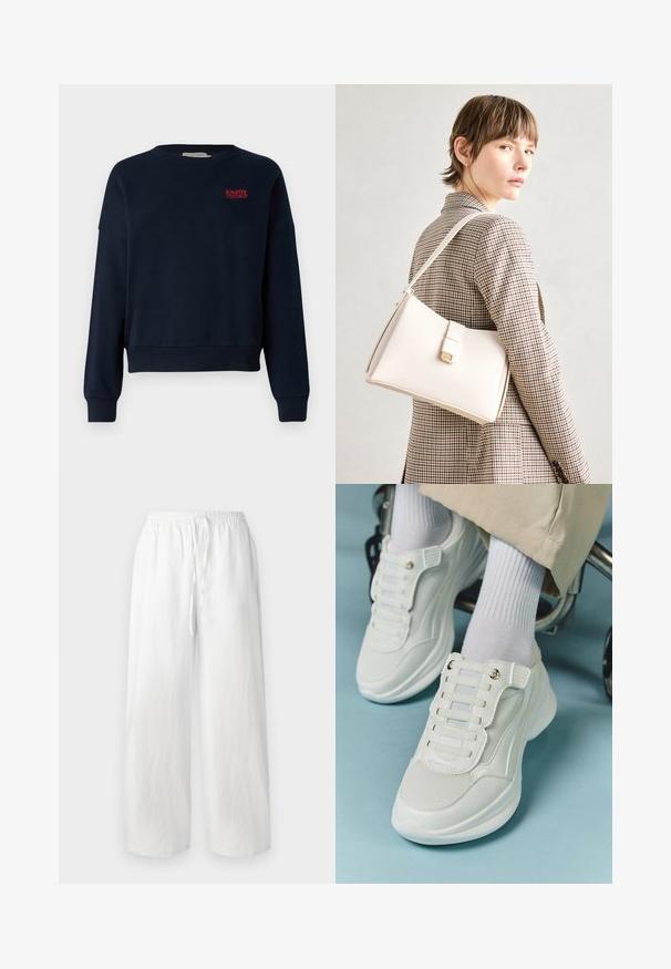 Navy blue sweatshirt with a relaxed fit, round neckline, and ribbed cuffs. Features red embroidered text "ENJOY TODAY" on the chest.; White wide-leg trousers with an elastic waistband and drawstring. Made of lightweight fabric with a smooth texture. No patterns or accents.; White sneakers featuring a mesh material, rubber sole, lace-free design with elastic bands, and gold-toned accents.; White leather handbag with a structured design, featuring a magnetic clasp and a shoulder strap, showcased against a neutral background.