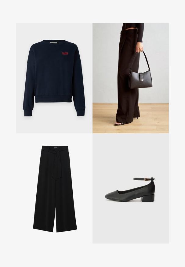 Tamno plavi dukserica s opuštenim krojem, okruglim izrezom i rebrastim manžetama. Sadrži crveni izvezeni natpis "UŽIVAJ DANAS" na prsima.; Crne široke hlače od teksturirane tkanine, s elastičnom pojasom i odvojivim remenom na struku za prilagodivo pristajanje.; Crne kožne pumpe s oštrim vrhom i niskom blok petom. Sadrže remen oko gležnja s zlatnim kopčanjem. Glatka tekstura.; Crna torba s oblikom koji sadrži strukturu, glađu teksturu i metalnu kopču. Uparena s širokim crnim hlačama i sandalama na otvorenom s drvenog poda.