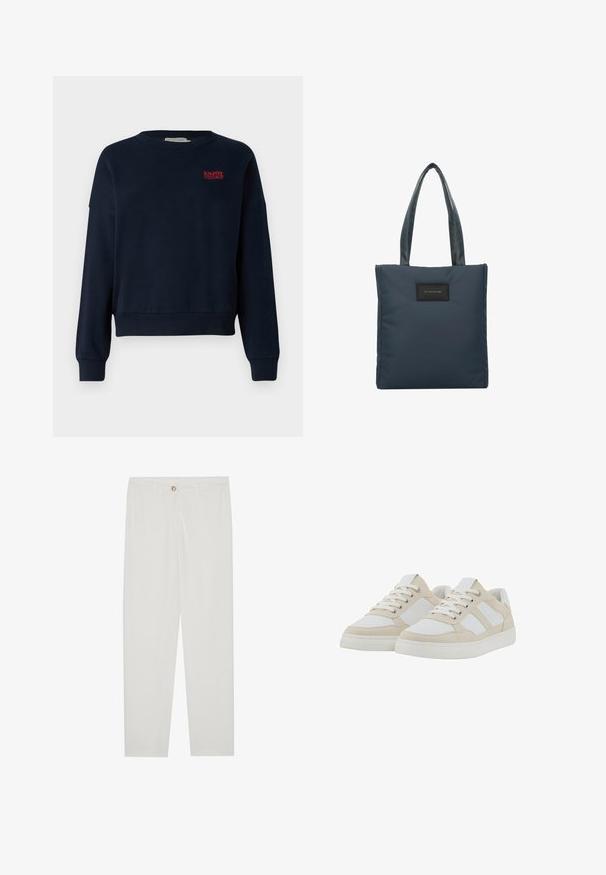 Námořnická modrá mikina s volným střihem, kulatým výstřihem a žebrovanými manžetami. Na hrudi je červený vyšitý text "UŽIJ SI DNES".; Bílé kalhoty na míru s rovnými nohavicemi, se zapínáním na knoflík, poutky na opasek a bočními kapsami; hladká struktura látky.; Béžové a bílé tenisky s texturovaným svrškem, šněrováním a polstrovaným límcem. Mají tři bílé boční pruhy a gumovou podrážku.; Tmavě modrá taška přes rameno vyrobená z hladkého nylonu, s dvěma strukturovanými uchy a černým obdélníkovým logem na přední straně.