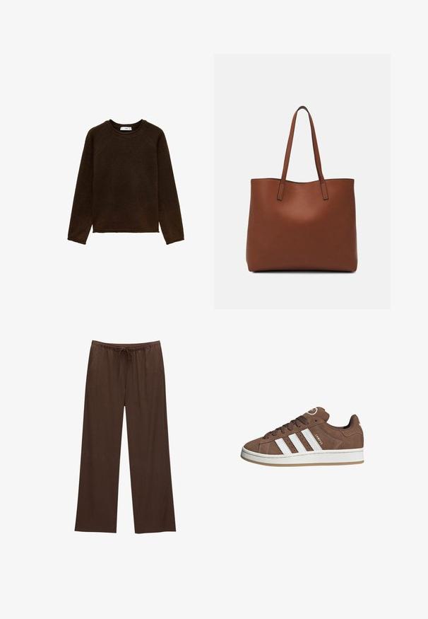 Donkerbruine sweater met lange mouwen en een ronde halslijn, raglanmouwen en een textuur gebreide stof. Klassieke pasvorm met een rechte zoom.; Bruine wijde broek gemaakt van zachte stof, met een elastische tailleband en een trekkoord, en twee zijzakken.; Bruine suède sneaker met witte leren strepen, rubberen zool, ronde neus en vetersluiting. Kenmerkt zich door een logo op de tong en geperforeerde accenten.; Bruine leren tote bag met een gladde textuur, een ontwerp met een open bovenkant en twee schouderbanden. Kenmerkt zich door minimale stiksels en geen zichtbare hardware.