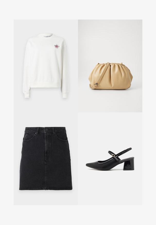Hvit genser med rund hals, lange ermer og ribbestrikkede mansjetter. Har et rosa blomsterbroderi på venstre brystområde. Myk stof.; Svart denimskjørt med rett snitt, med frontknapp og glidelås, to frontlommer og enkle sømdetaljer.; Sorte lakk lær slingback hæler med spiss tå, et avrundet utskjæringsdesign og blokkheel. Har en gulltone spenne som detalj.; Brun lærveske med plisse-design, justerbar stropp og avrundet form. Minimalistisk merkevare på frontflaten.