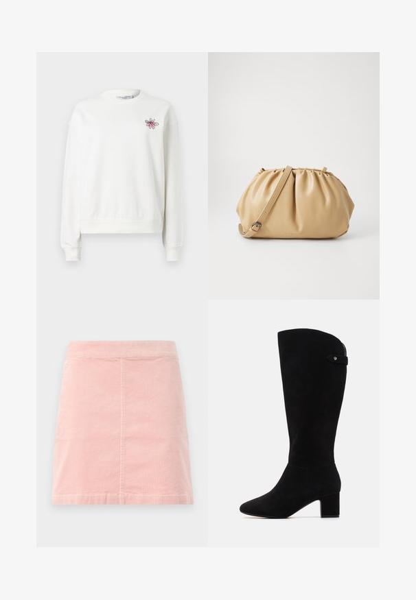 Hvit genser med rund hals, lange ermer og ribbestrikkede mansjetter. Har et rosa blomsterbroderi på venstre brystområde. Myk stof.; Rosa kordfløyels miniskjørt med en tettsittende liv og vertikal ribbet tekstur. Sømmene er rette, og det har et enkelt design uten pynt.; Svarte semskede knæhøje støvler med spids tå og blokhæl. Har en glat tekstur og et enkelt design, med en side rem detalje.; Brun lærveske med plisse-design, justerbar stropp og avrundet form. Minimalistisk merkevare på frontflaten.