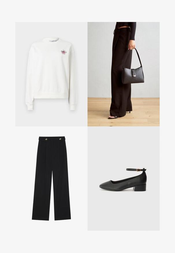 Biela mikina s okrúhlym výstrihom, dlhými rukávmi a rebrovanými nápletmi. Na ľavej strane hrude má ružovú kvetinovú výšivku. Mäkká látka.; Čierne široké nohavice s vysokým pásom, so zapínaním na gombíky na páse a prednými sklady.; Čierne kožené lodičky s špicatou špičkou a nízkym blokovým podpätkom. Obsahuje remienok okolo členka so zlatým prackou. Hladký povrch.; Čierna kabelka so štruktúrovaným tvarom, hladkou textúrou a kovovou sponou. V kombinácii so širokými čiernymi nohavicami a sandálmi s otvorenou špičkou na drevenej podlahe.