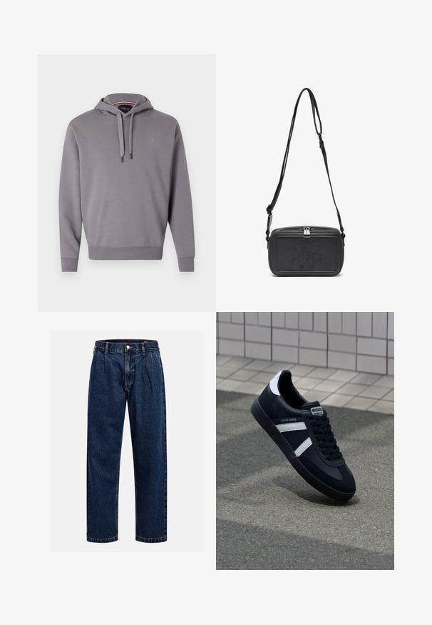 Felpa grigia con cappuccio regolabile, polsini e orlo a costine, caratterizzata da un piccolo logo sul petto. Tessuto morbido con una texture liscia.; Jeans in denim blu scuro con design a gamba dritta. Presentano cuciture visibili, una chiusura con bottone e pieghe frontali per un tocco di dettaglio in più.; Sneaker neri in pelle con strisce bianche, suola in gomma texturizzata e allacciatura frontale. Presenta un'etichetta con il marchio sulla linguetta.; Borsa a tracolla nera in pelle con chiusura zip, logo impresso sul davanti e tracolla regolabile. Texture liscia con forma rettangolare.