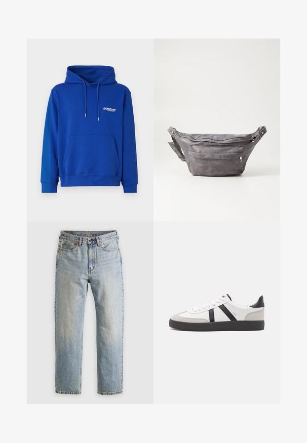 Sinine kapuutsiga särk, millel on kitsas tasku, nööriga kapuuts ja soonikkoes mansetid. Rinna peal on väike valge logo. Pehme tekstuur.; Heledad hele sinine teksapükste kõrge vöökoht, ees nupuga, lukuga ja viie taskuga disain, asetatud tasasele neutraalsele taustale.; Valged tossud mustade ja hallide aktsentidega, tekstureeritud halli varbakattega, musta kummitald ja lamedad valged paelad. Puhtad jooned, minimalistlik stiil.; Hallikate nahast vöö kott, millel on ümar kuju, kaks tõmblukuga taskut ning reguleeritav rihm. Varustatud metallist detailide aktsentidega.