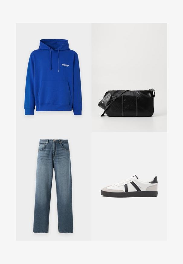 Blue hooded sweatshirt with a kangaroo pocket, drawstring hood, and ribbed cuffs. Features a small white logo on the chest. Soft texture.; Straight-leg blue denim jeans with a faded wash, featuring five-pocket design, metal button, and belt loops. Structured, medium-weight fabric.; White sneaker with black and gray accents, featuring a textured gray toe cap, black rubber sole, and flat white laces. Clean design, minimalist style.; Black leather shoulder bag with a zip closure, featuring a textured body, white stitching, and a strap with silver grommets.