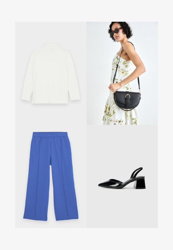 Fehér, hosszú ujjú garbó, sima textúrával és laza szabással, magas nyakkal és egyenes szegéllyel. Nincsenek látható minták vagy díszítések.; Széles lábú nadrág puha, rugalmas anyagból élénk kék színben. Jellemzője a lapos derékpánt és két elülső redő, amely további dizájn részletet ad.; Fekete lakk bőr szandálkés magas sarkú cipő, hegyes orral és geometrikus tömbsarkakkal. Karcsú, minimalista dizájn és sima textúra jellemzi.; Fekete bőrtáska ívelt formával, levehető pánttal és arany színű fémrészekkel. A táskán egy csattal díszített fedél található.