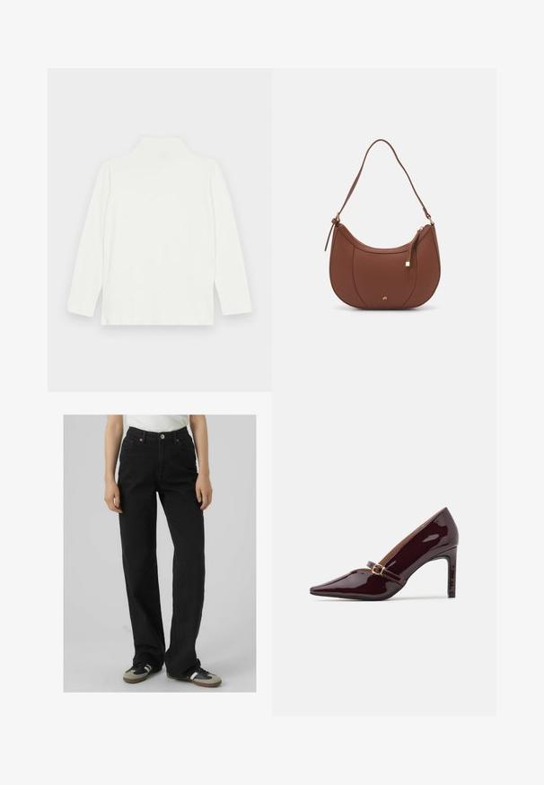White long-sleeve turtleneck top with a smooth texture and relaxed fit, featuring a high neckline and straight hem. No visible patterns or accents.; Black high-waisted jeans with a straight-leg fit, made from denim, featuring two front pockets and brass hardware accents.; Patent burgundy high heel shoe with pointed toe, ankle strap featuring gold hardware, and a sleek, polished finish. Elevated stiletto heel.; Brown faux leather shoulder bag with curved shape, minimal stitching, and a gold-tone hardware accent. Features a top zipper closure and adjustable strap.