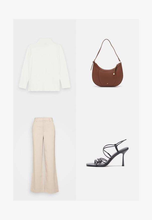 White long-sleeve turtleneck top with a smooth texture and relaxed fit, featuring a high neckline and straight hem. No visible patterns or accents.; Beige wide-leg trousers with a smooth texture, featuring a high waistband and two front pockets. Clean design with a tailored fit.; Black high-heeled sandals feature thin straps with a knotted design, a smooth square toe, and a sleek stiletto heel.; Brown faux leather shoulder bag with curved shape, minimal stitching, and a gold-tone hardware accent. Features a top zipper closure and adjustable strap.; Silver hoop earrings with a smooth, shiny finish. Rounded shape, lightweight design, featuring a post-back closure.