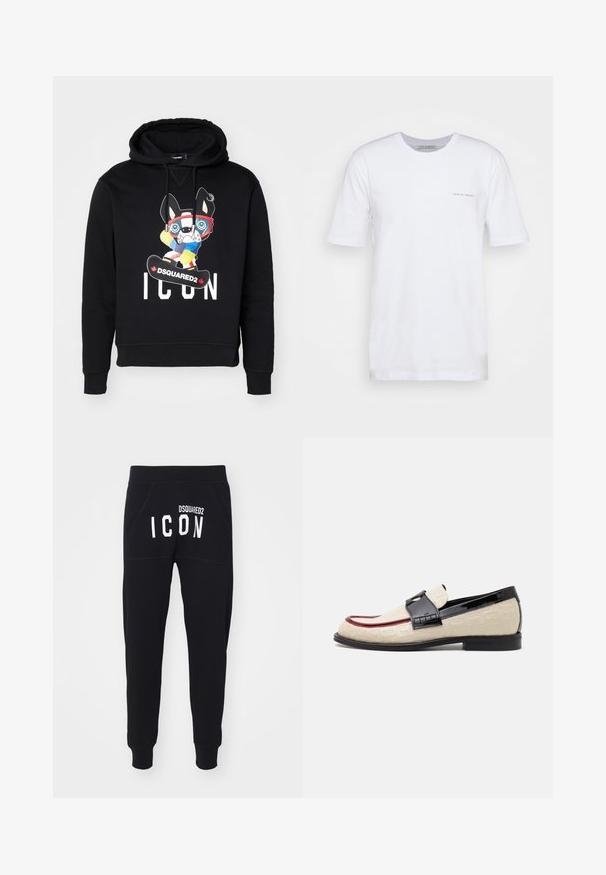 Black hoodie with a front graphic of a cartoon dog in ski goggles and a snowboard, featuring "ICON" and "DSQUARED2" text in white.; White short-sleeve T-shirt made of cotton, featuring a crew neck and a small printed logo on the left side. Smooth texture, casual fit.; Black sweatpants featuring a soft texture, tapered legs, and pockets. The back displays "DSQUARED2 ICON" in bold white letters.; Beige loafers with embossed pattern, red accent stripe, and glossy black heel. Features a strap with buckle detail. Flat black sole.