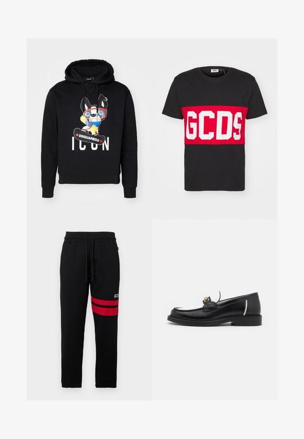 Black hoodie with a front graphic of a cartoon dog in ski goggles and a snowboard, featuring "ICON" and "DSQUARED2" text in white.; GCDS BAND LOGO REGULAR - Print T-shirt - black; Black sweatpants with contrast red stripes and logo on the side. Features an elastic waistband with drawstring and tapered ankle cuffs.; Black leather loafer with a rounded toe, white accents, and gold hardware on the vamp. Features a textured patch and stacked heel.