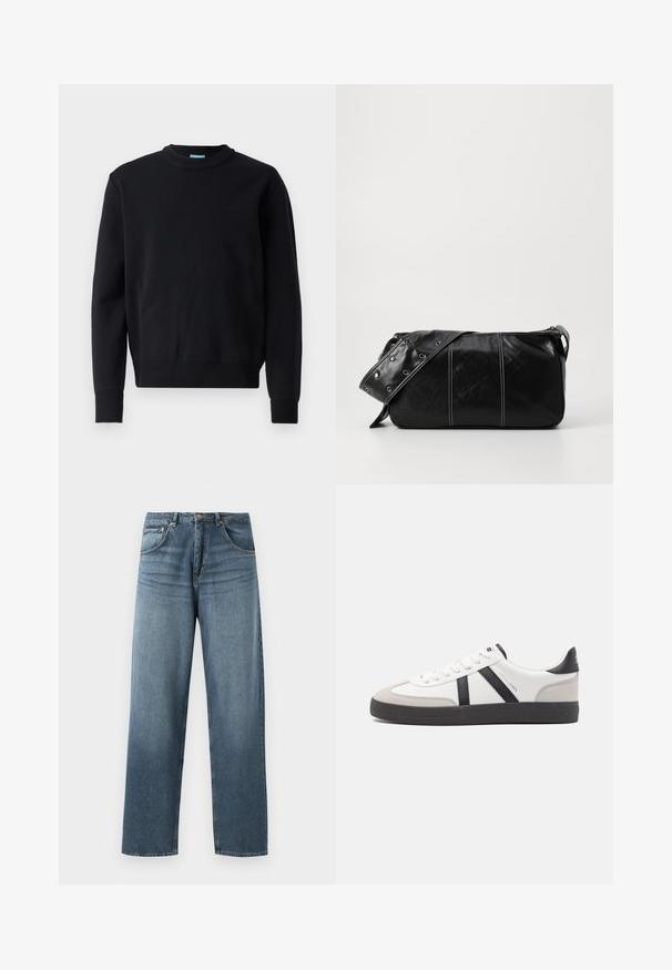 Melnas džemperis, izgatavots no kokvilnas maisījuma, ar apļveida kakla izgriezumu, ribotām piedurknēm un apakšmalu, ar mazitēlojumu uz krūšu daļas.; Taisni kāju zili džinsi ar izbalējušu apdari, piecdesmit kabatu dizains, metalizēta pogu un jostas cilpas. Strukturēta, vidēji smaga auduma.; Baltas sneakeris ar melniem un pelēkiem akcentiem, kuram ir teksturēts pelēks purngals, melna gumijas zole un plakanas baltas šņores. Tīrs dizains, minimālisma stils.; Melnas ādas plecu soma ar rāvējslēdzēja aizdari, ar teksturētu virsmu, baltu dūrienu un siksnu ar sudraba iekavām.