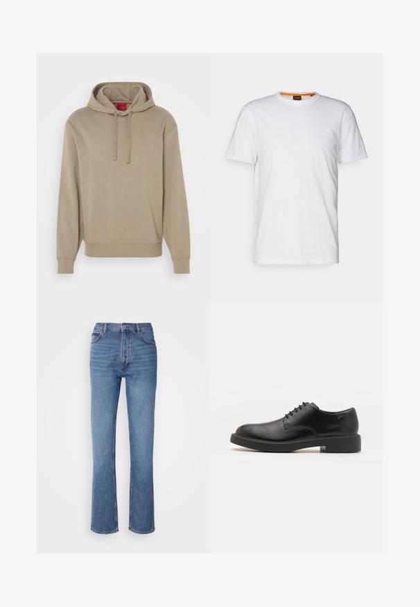 Beżowa bluza z kapturem marki Hugo z regulowanym kapturem, ściągaczami na rękawach i dole, z delikatnym logo na piersi. Gładka faktura materiału.; Biała bawełniana koszulka z okrągłym dekoltem, krótkimi rękawami oraz subtelnie wytłoczonym logo na klatce piersiowej. Wewnętrzna metka ma pomarańczowy akcent.; Niebieskie dżinsy o wysokim stanie, prostym kroju nogawek i subtelnych przetarciach. Posiadają klasyczny pięciopakowy styl oraz zamek błyskawiczny.; Czarny skórzany but za kostkę z okrągłym noskiem, gładką fakturą, minimalnym przeszyciem i niskim gumowym obcasem. Logo na pięcie.