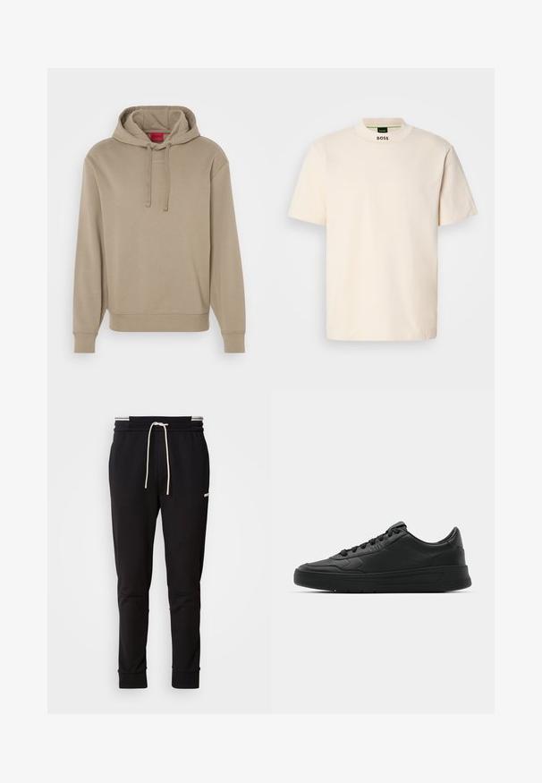 Sudadera beige de la marca Hugo con capucha ajustable, puños y dobladillo de canalé, que presenta un logo sutil en el pecho. Textura de tela suave.; T-shirt de manga corta color crema con collar alto, que presenta la palabra "BOSS" impresa en negro en la parte delantera del cuello y en la etiqueta interior.; Pantalones jogger ajustados negros con cordones blancos, puños acanalados y un logo sutil en el muslo superior sobre un fondo liso.; Zapatilla negra con parte superior de cuero liso, puntera redonda, cordones planos, cuello acolchado y diseño minimalista. Suela de goma con un patrón de relieve sutil.