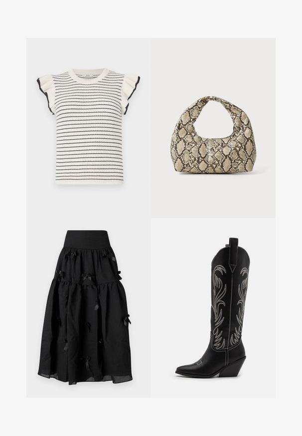 Pulover cu dungi în crem cu dungi negre, având mâneci scurte, volanate și un guler rotund cu țesătură rib. Textură moale și design ajustat.; Sister Jane BIRDIE BOW MIDI SKIRT - Fustă în formă de A - black; Bocanci de cowboy din piele neagră, cu vârfuri ascuțite, toc wedge și modele florale brodate cu fir argintiu de-a lungul tijei. Cusături în contrast pe întreaga suprafață.; Geantă cu imprimeu de șarpe, având un mâner curbat. Fabricată din materiale texturate, bej și maronii, cu un model distinctiv în formă de diamant.