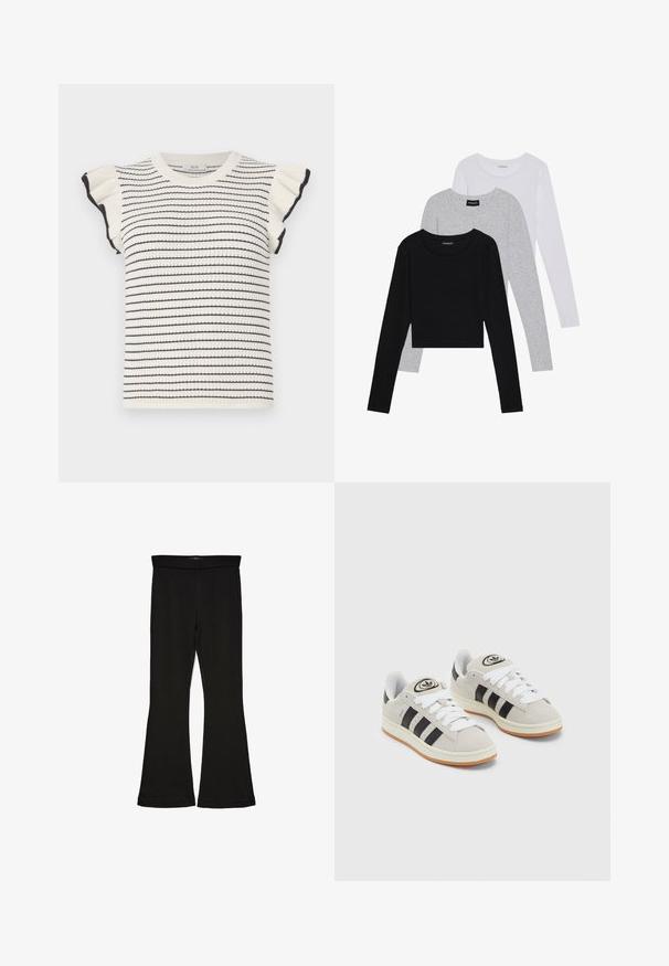 Striped sweater in cream with black stripes, featuring short ruffled sleeves and a ribbed crew neckline. Soft texture and fitted design.; Three long-sleeve tops stacked: black, grey, and white. Each has a round neckline and a cropped design with smooth, lightweight fabric.; Black flare leggings made from stretchy fabric. Features a wide waistband and a smooth texture, with a fitted silhouette that flares at the hem.; Gray suede sneakers with white laces, black stripes, and a white rubber sole. Features a circular logo on the tongue and a gum sole.