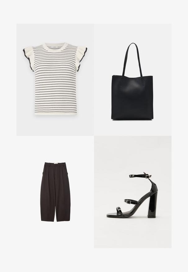 Gestreifter Pullover in Creme mit schwarzen Streifen, mit kurzen, Rüschenelementen und einem gerippten Rundhalsausschnitt. Weicher Stoff und taillierte Passform.; Schwarze weit geschnittene Hosen aus einem glatten Stoff, mit hoher Taille, Frontfalten und Seitentaschen. Schlichtes Design ohne Verzierungen.; Schwarze patentierte Sandalen mit Absatz, quadratischer Spitze, Knöchelriemen und silbernen Schnallen. Mit einem stabilen Blockabsatz für mehr Stabilität.; Schwarze Laptoptasche aus Leder mit glatter Textur, rechteckiger Form und zwei langen Griffen. Keine sichtbaren Beschläge oder Verzierungen.