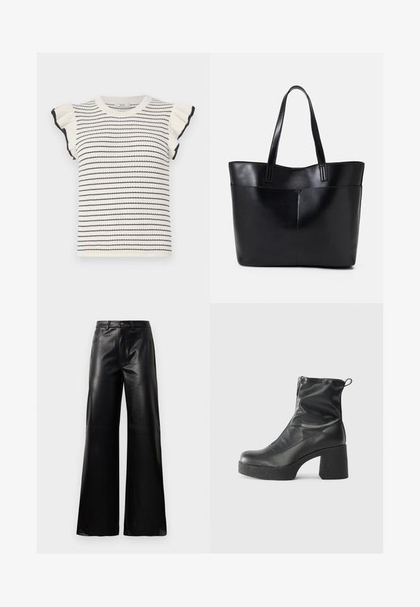 Suéter listrado em creme com riscas pretas, apresentando mangas curtas com babados e um decote redondo canelado. Textura suave e design justo.; Calças largas de imitação de couro pretas, de cintura alta, com botão frontal, fecho de correr, passadores de cinto e bolsos laterais sobre fundo branco.; Botas de tornozelo pretas feitas de couro liso, com fecho lateral, salto grosso texturizado e design de bico arredondado.; Bolsa tote preta em couro com duas alças longas, textura suave e forma estruturada. Apresenta um bolso frontal para armazenamento adicional.
