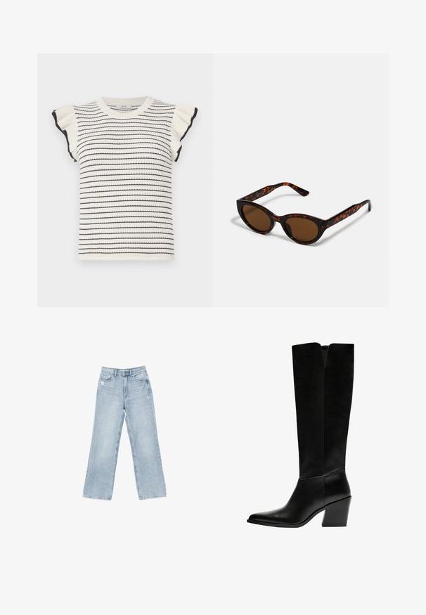 Gestreifter Pullover in Creme mit schwarzen Streifen, mit kurzen, Rüschenelementen und einem gerippten Rundhalsausschnitt. Weicher Stoff und taillierte Passform.; Hellblaue Jeans aus Denim mit weiter Beinform, mit Used-Details, fünf Taschen und einem Reißverschluss.; Schwarze kniehohe Stiefel aus glattem Leder, mit spitzem Schuhbund, einem Blockabsatz und einem V-förmigen Ausschnitt an der Oberseite.; Braune Schildpatt-Sonnenbrille mit einer Vintage-Cat-Eye-Form und braunen Gläsern. Verfügt über gebogene Bügel mit roten Akzenten.