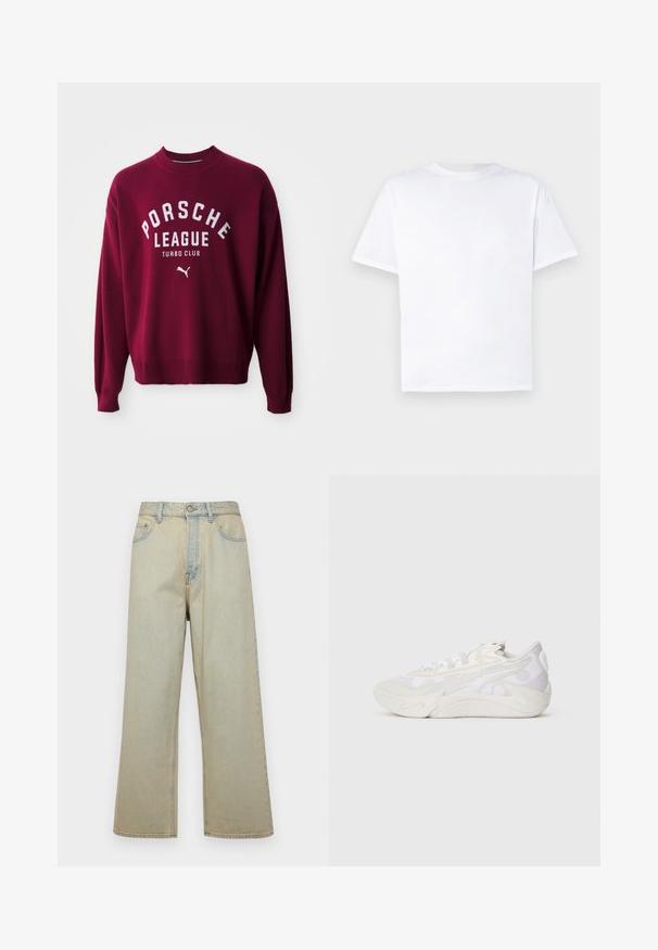Pulover tricotat de culoare bordeaux, cu manșete și tiv cu dungi, având text alb: "PORSCHE LEAGUE TURBO CLUB" și un mic logo alb Puma.; Tricou alb din bumbac, cu guler rotund și mâneci scurte. Textură netedă, croială dreaptă, fără modele sau accente. Vedere din spate doar.; Jeans largi de culoare albastru deschis din denim, cu un finisaj uzat. Au cinci buzunare și închidere cu un nasture în față.; Vedere laterală a unei tenesi albe și gri deschis cu un design abstract ondulat și talpă groasă pe un fundal alb simplu.