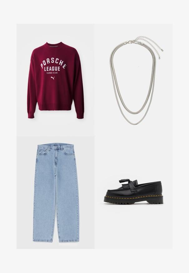 Burgundi värvi kudum, mille kraed ja alumine äär on soonikud, millel on valge tekst: "PORSCHE LEAGUE TURBO CLUB" ja väike valge Puma logo.; Heled sinise denimi sirgete põlvede lõikega teksad, millel on keskmise kõrgusega vöökoht, viis taskut ning nööbid ja tõmblukk.; Mustmust musta loafer, millel on frantsiisi aktsent, paks must tald ja kollane õmblus servas. Tekstuuriga viimistlus.; Kolmekihiline hõbedane metallkaelakee, mis on valmistatud peentest, paindlikest kettidest kerge läikega, kinnitatud krabi sulguri ja reguleeritava ketiga.