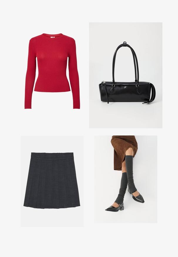 Rød ribbestrikket langermet topp med rund hals og figurnær fasong. Har en jevn tekstur med jevne vertikale linjer.; Mørkegrå plissert skjørt med elastisk midje, med teksturert stoff og en klassisk A-linje silhuett. Passer for hverdagsbruk.; Sorte lakkpumps med spiss tå, blokkhel, og ankelstropp, kombinert med grå ribbestrikkede beinvarmere og et brunt semsket skinn skjørt.; Svart lærveske med rektangulær form, glatt tekstur, to håndtak, glidelåslukking og en liten logo på forsiden.