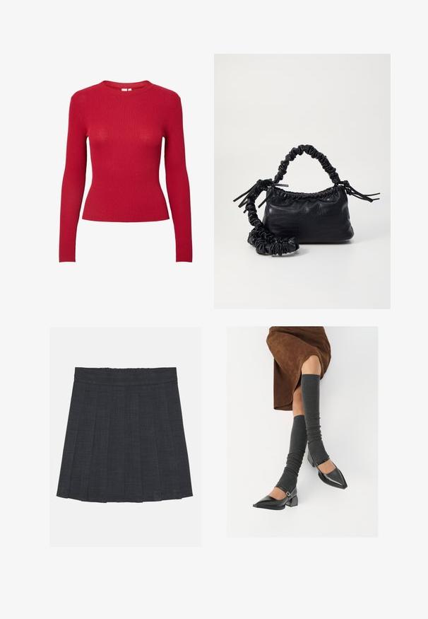 Piros bordázott, hosszú ujjú póló kerek nyakkivágással és testre simuló fazonnal. Simább textúrával rendelkezik, egyenletes függőleges csíkokkal.; Sötétszürke pliszírozott szoknya rugalmas derékkal, texturált anyagból, klasszikus A-vonalú sziluettel. Alkalmas mindennapi viseletre.; Fekete lakk bőrből készült, hegyes orrú cipők, tömbsarkúakkal és bokapánttal, szürke bordás lábszármelegítőkkel és barna velúr szoknyával párosítva.; Fekete műbőr kézi táska krokodil bőr textúrával, összehúzható tetejű és gyűrt pánttal. Lágy és kompakt dizájnúnak tűnik.