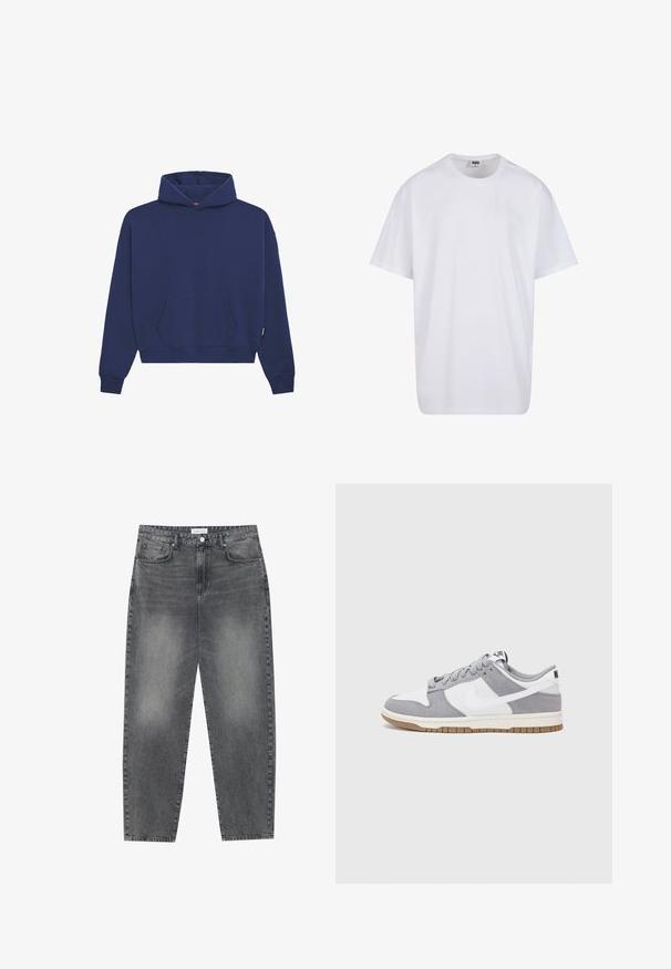 Felpa blu navy in materiale felpato, con tasca a marsupio frontale, polsini a costine e una vestibilità comoda con cappuccio regolabile.; Maglietta bianca in cotone con maniche corte, scollatura rotonda, vestibilità comoda e senza loghi o motivi visibili. Texture liscia e design minimale.; Jeans a vita alta, dal taglio ampio in denim nero sbiadito. Presentano cinque tasche, passanti per cintura e un design dritto e pulito.; Sneaker grigia e bianca con tomaia in suede e pelle, punta arrotondata, lacci piatti e soletta in gomma con un accento color caramello.
