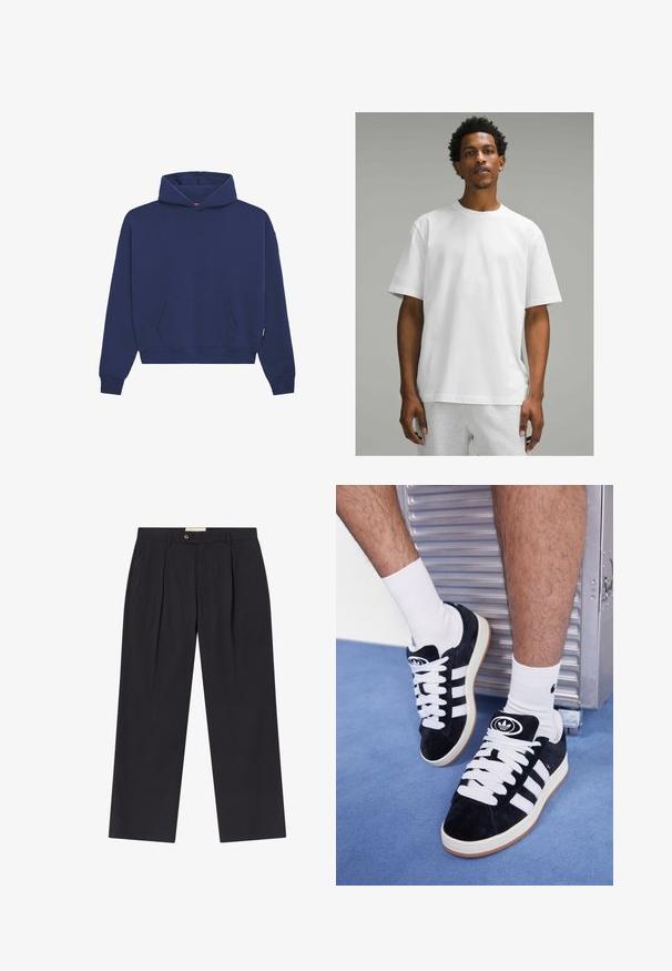 Tumši zils kapuci džemperis, izgatavots no fleece materiāla, ar priekšējo kangaroo kabatu, ribotiem aproces un brīvu piegriezumu ar aukliņu kapucē.; Balta kokvilnas T-kreklu ar īsām piedurknēm, apaļu kakla izgriezumu, brīvu piegriezumu. Gluda tekstūra, vienkāršs dizains, bez redzamām rakstu vai akcentu detaļām.; Pielāgoti tumši zilie bikses ar augstu jostasvietu, divām priekšējām krokām, pogu aizdari un taisnām kājām no gludas auduma.; Melni zamšaini sporta apavi ar baltiem šņorēm un trim baltām svītrām. Iekļauj arī apaļu melnu logotipu uz mēles un gumijas zoli.