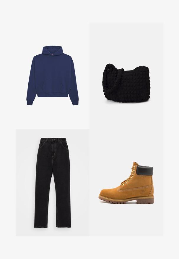 Sötétkék kapucnis felső, bolyhos anyagból készült, elülső kenguru zsebbel, bordázott mandzsettákkal és lazán illeszkedő szabással, húzózsinórral ellátott kapucnival.; Fekete farmernadrág egyenes lábdesignnal, öt zsebbel, gombos és cipzáras bezárással, valamint kontrasztos sárga varrásokkal.; Barna velúr bokacipő fekete párnázott gallérral, arany fém fűzőlyukakkal, fehér varrási részletekkel és durva gumitalppal, amelynek kifejezett barázdái vannak.; Fekete szövet táska texturált, steppelt mintával. Kerek formájú, rövid, vastag fogantyúkkal és puha, rugalmas szerkezettel.