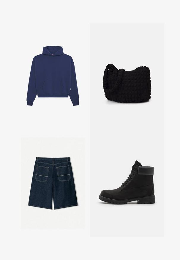 Granatowy polarowy hoodie z kieszenią kangurzą z przodu, z ribbingu przy mankietach oraz luźnym krojem z kapturem na sznurku.; Granatowe szorty dżinsowe o luźnym kroju, z dwiema tylnymi kieszeniami z kontrastowym przeszyciem. Prosty krój i długość sięgająca do kolan.; Czarne botki na kostkę z wiązaniem, z wyściełanym kołnierzem i solidną podeszwą, pokazane w profilu na białym tle.; Czarna torba z materiału o fakturowanym, pikowanym wzorze. Owalny kształt, krótkie, grube rączki oraz miękka, elastyczna struktura.