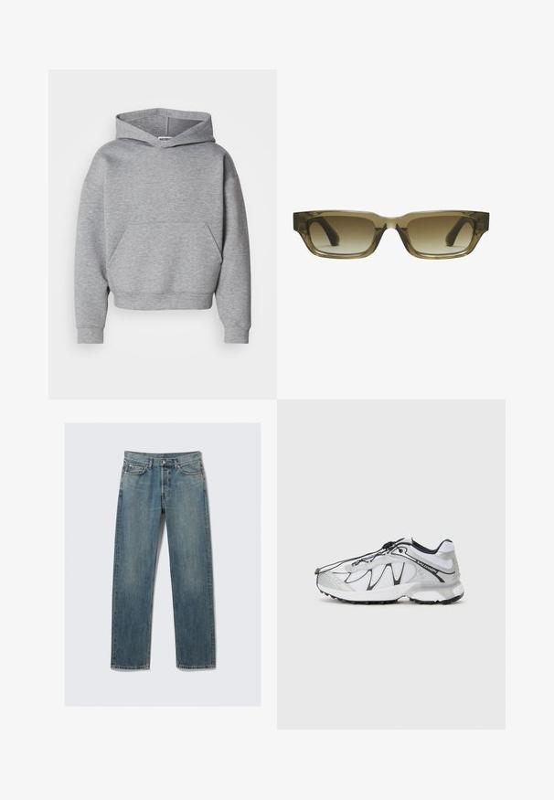 Felpa grigia corta realizzata in materiale morbido, con tasca frontale, maniche ampie e cappuccio classico con coulisse.; Jeans in denim dritto blu con tasche anteriori e per monete, passanti per cintura e chiusura con bottone metallico su uno sfondo neutro.; Scarpe atletiche bianche con tomaia in mesh, dettagli neri, suola in gomma texturizzata e sistema di allacciatura elastico. Leggere e dal design moderno.; Occhiali da sole con gradiente marrone, forma rettangolare, montatura spessa e robusta e aste nere. Il materiale trasparente marrone conferisce profondità.
