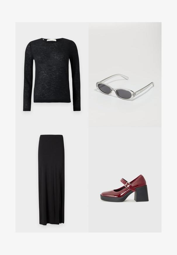 Zwarte doorzichtige lichtgewicht sweater met lange mouwen en ronde hals, met fijne brei textuur en geribde manchetten en zoom.; Zwarte maxi rok van zacht, rekbaar materiaal. Heeft een zijsplit en een eenvoudig, gestroomlijnd ontwerp zonder versieringen.; Bordeaux lakleren Mary Jane hakken met een brede blokhak, verstelbare band en ronde neuzen. Geverfd zwarte zool.; Zonnebril met een ovale vorm, helder plastic montuur, donkergrijze glazen en dunne transparante pootjes met logo-accenten en minimale details.; Zwarte leren handtas met een gebogen vorm, afneembare schouderband en gouden hardware. De tas heeft een klep met een gespsluiting.