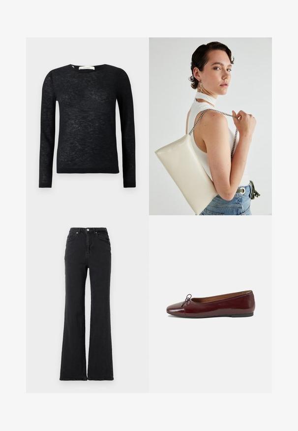 Pulover negru din material transparent, cu maneci lungi, de tip crewneck, ușor și cu textură fină, având tivuri și manșete ribbate.; Jeanși negri din denim cu talie înaltă, cu picior evazat, nasture frontal și design cu cinci buzunare, pe un fundal alb simplu.; Balerini din piele patent burgund cu vârful rotund, accent de fundiță mică în față și talpă joasă din cauciuc negru. Textură netedă.; Geantă de clutch rectangulară albă, realizată dintr-un material lucios, având o curea de lanț argintie. Modelul pozează, evidențiind geanta pe un fundal simplu.