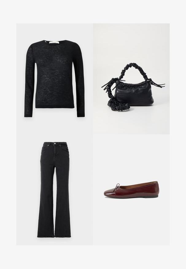 Juodas permatomas ilgomis rankovėmis lengvas apvalios iškirptės megztinis su smulkia megztos medžiagos tekstūra ir raitytais rankogaliais bei apatine dalimi.; Juodos aukštu liemeniu džinsinės kelnės su pūstomis klešnėmis, priekyje užsegamos mygtuku ir turinčios penkias kišenes, priešais paprastą baltą foną.; Bordo lakiotos odos baleto bateliai su apvalia nosimi, maža kaspinėlio akcentu priekyje ir žema juoda guma padanga. Lygi tekstūra.; Juodas dirbtinės odos rankinė su krokodilo tekstūra, sušnibždinta viršuje ir susikraipytu dirželiu. Atrodo minkšta ir kompaktiška.