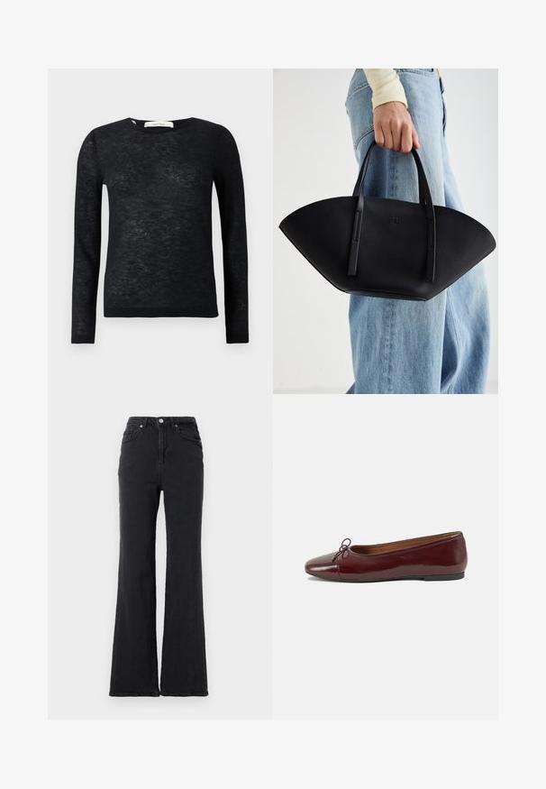 Svart, gjennomsiktig langermet lett crewneck genser med fin strikketekstur og ribbestrikkede mansjetter og nederkant.; Svarte høy midje denim jeans med utsvingt ben, frontknapp og fem-lommers design mot en ensfarget hvit bakgrunn.; Burgunderrød lakk lær ballettleilighet med rund tå, liten sløyfe foran og en lav, svart gummisåle. Glatt tekstur.; Svart skinnveske med en unik vifteform, med flate håndtak. Overflaten har en pebblelignende tekstur og et minimalistisk design.