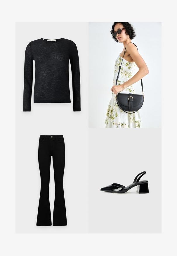 Maglione leggero nero a maniche lunghe e scollo rotondo, realizzato in un delicato tessuto a maglia con finitura a coste sui polsini e sull'orlo.; Jeans neri a vita alta con chiusura a bottoni e zip, tasche frontali e gambali svasati, distesi su uno sfondo bianco.; Décolleté in vernice nera con punta affusolata e tacco in geometria cubica. Presentano un design elegante e minimalista, con una texture liscia.; Borsa a tracolla nera in pelle con una forma curva, manico rimovibile e accessori dorati. La borsa presenta una patta con un dettaglio a fibbia.