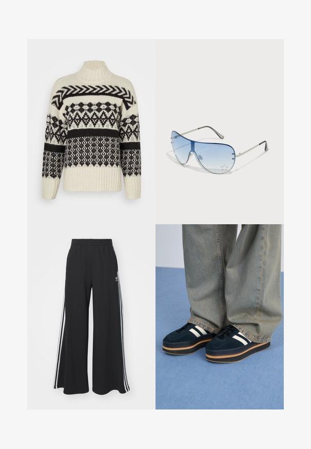 Cream-colored knitted sweater with black geometric patterns, high neck, and ribbed cuffs. Features varying textures throughout the design.; Black wide-leg sweatpants with an elastic waistband, featuring white side stripes and an embroidered logo on the left thigh.; Dark blue suede platform sneakers with white stripes and black laces. Features a thick brown rubber sole. Worn with light blue denim pants.; Aviator sunglasses featuring a gradient blue lens, silver metal frame, and decorative star accents on the lens. Smooth and sleek design.