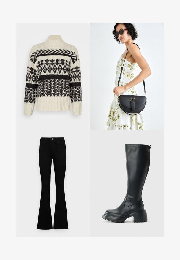 Krém színű, kötött pulóver fekete geometriai mintákkal, magas gallérral és bordázott mandzsettákkal. A dizájn során különböző textúrák találhatók.; Fekete, magas derekú farmernadrág gomb- és cipzárzárral, elülső zsebekkel és harangszárral, laposan egy fehér háttérre terítve.; Magas fekete bőrcipő, vastag platform talppal és blokk sarokkal, húzófüllel és texturált profillal az outsole-on.; Fekete bőrtáska ívelt formával, levehető pánttal és arany színű fémrészekkel. A táskán egy csattal díszített fedél található.