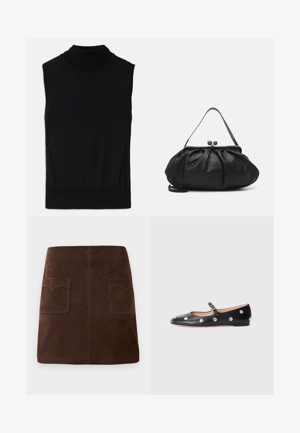 Top de punto negro sin mangas con cuello perkins, con bajo y cuello acanalados, colocado sobre un fondo blanco.; Falda de ante marrón con una clásica forma de A, dos bolsillos frontales con solapas redondeadas y detalles de costura sutiles.; Zapato plano tipo Mary Jane de cuero negro con punta redonda, adornado con tachuelas circulares plateadas y una correa ajustable con hebilla.; Bolso de mano de cuero negro con un diseño redondeado y plisado. Cuenta con un cierre metálico con dos bolas decorativas y una correa delgada y desmontable.