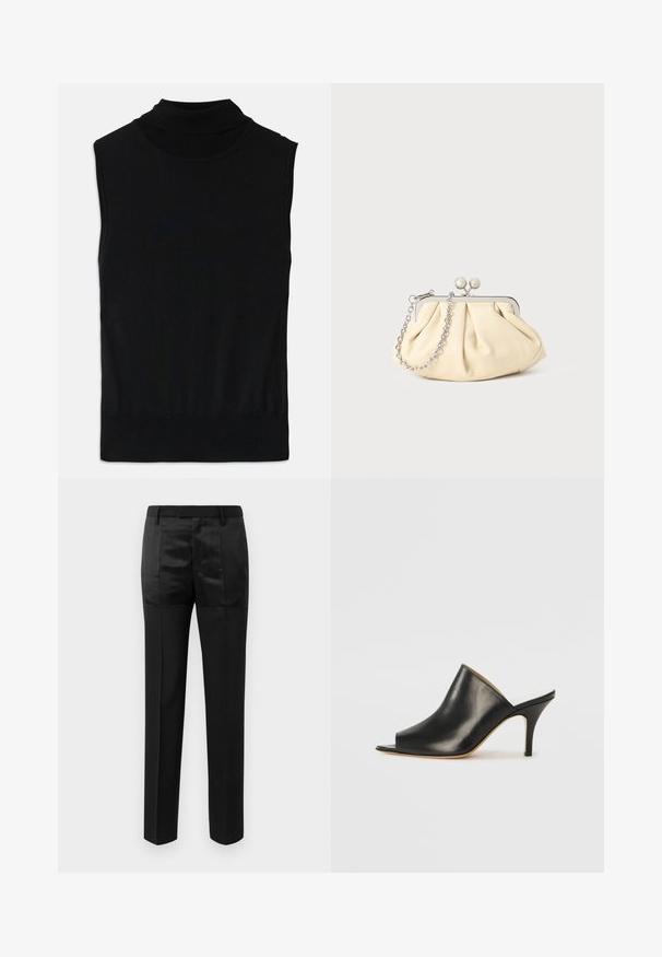 Haut en tricot noir sans manches à col montant avec ourlet et col côtelés, posé à plat sur un fond blanc.; Pantalons noirs ajustés avec des jambes droites et une taille avec passants de ceinture, présentant un mélange de panneaux de tissu mats et brillants.; Mule ouverte en cuir noir avec un design élégant et courbé, un talon aiguille haut et une texture lisse. L'intérieur présente une couleur claire contrastante.; Pochette en cuir beige plissé avec un cadre en métal argenté, dotée de deux fermoirs ronds décoratifs et d'une chaîne en argent.