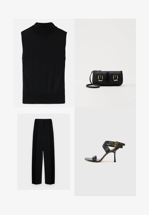 Top de punto negro sin mangas con cuello perkins, con bajo y cuello acanalados, colocado sobre un fondo blanco.; Pantalones de pierna ancha negros con cintura alta, que presentan pliegues y una textura suave. El tejido parece ligero y se drapea de forma elegante.; Sandalia negra de tacón con correas cruzadas y hebilla ajustable. Presenta una textura suave y un tacón de aguja afilado.; Bolso cruzado de cuero negro con dos bolsillos frontales, hebillas doradas, cierre de cremallera y una correa delgada. Superficie texturizada y forma rectangular compacta.